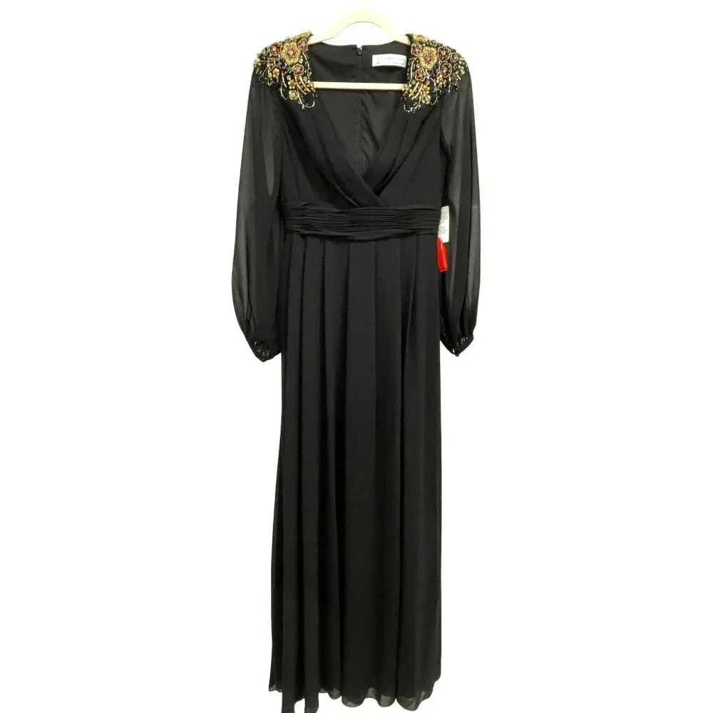 NWT Mac Duggal Black Embellished Shoulder Long Sleeve Gown Maxi Dress Size 4